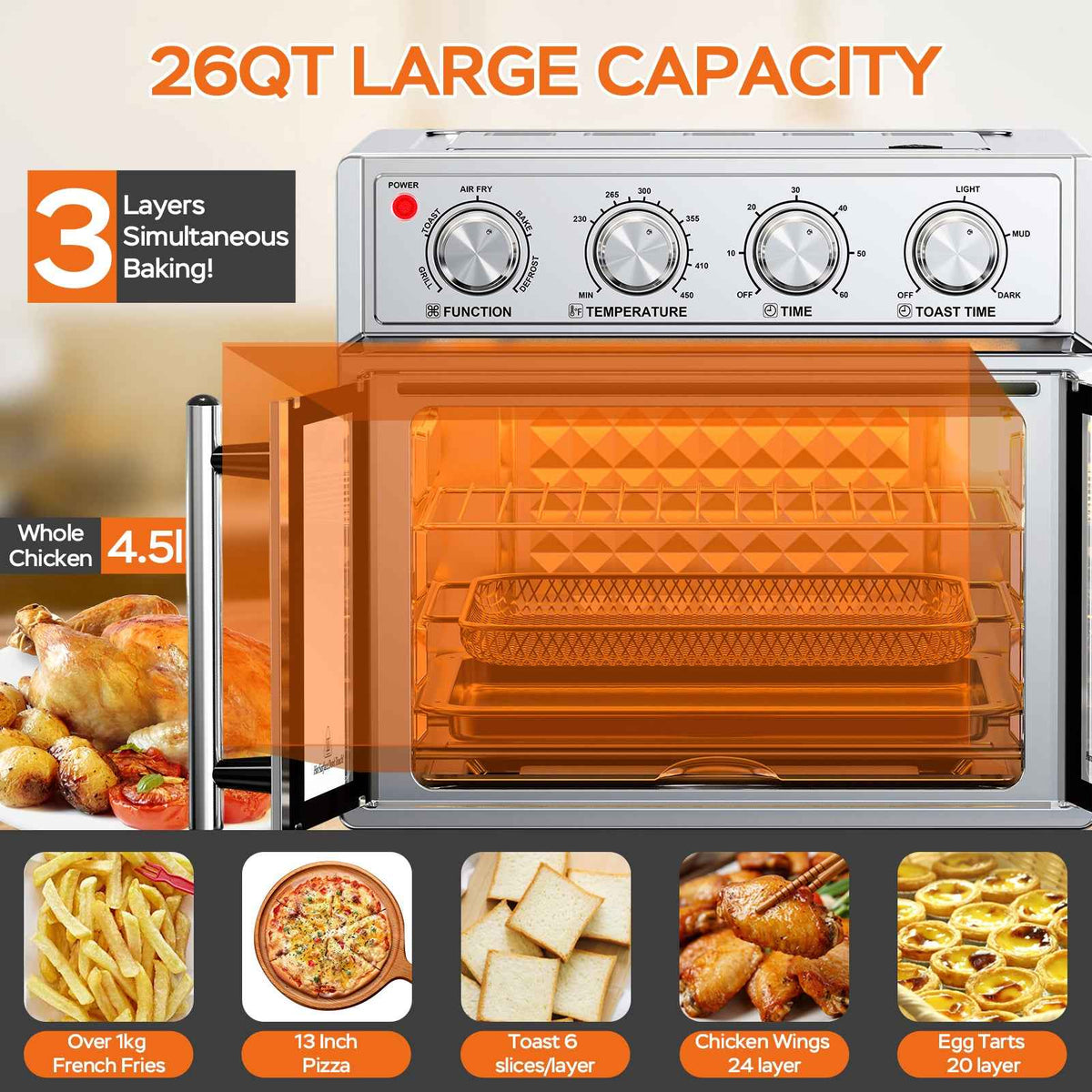29.5 QT Air Fryer Convection Toaster Oven, French Door, 6 Slices, 1700W, Multifunction Oven, Air Fryer, Toast, Grill, Defrost, Bake, Time And Temperature Controls, Silver, Amazon Resale Prohibited - I Like It I Love It