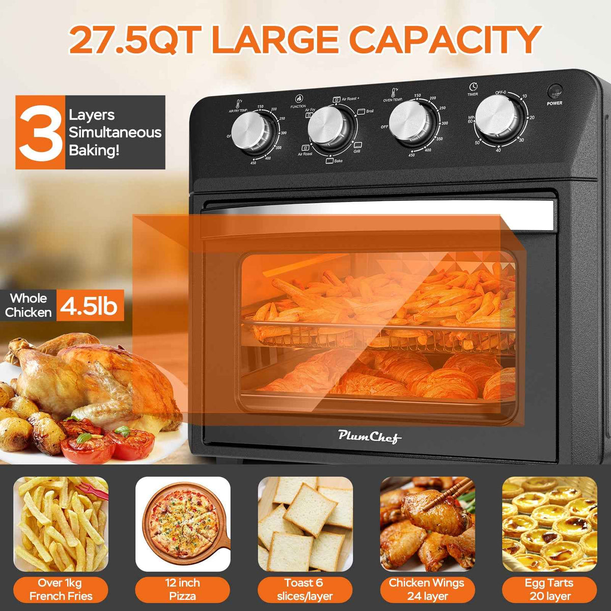 27.5QT 6-in-1 Air Fryer Toaster Oven, Dropdown-Door, 6-Slice, Countertop Convection Oven, Air Frying, Baking, Roasting, Broiling, Grilling, 1600W, Black, Amazon Resale Prohibited - I Like It I Love It