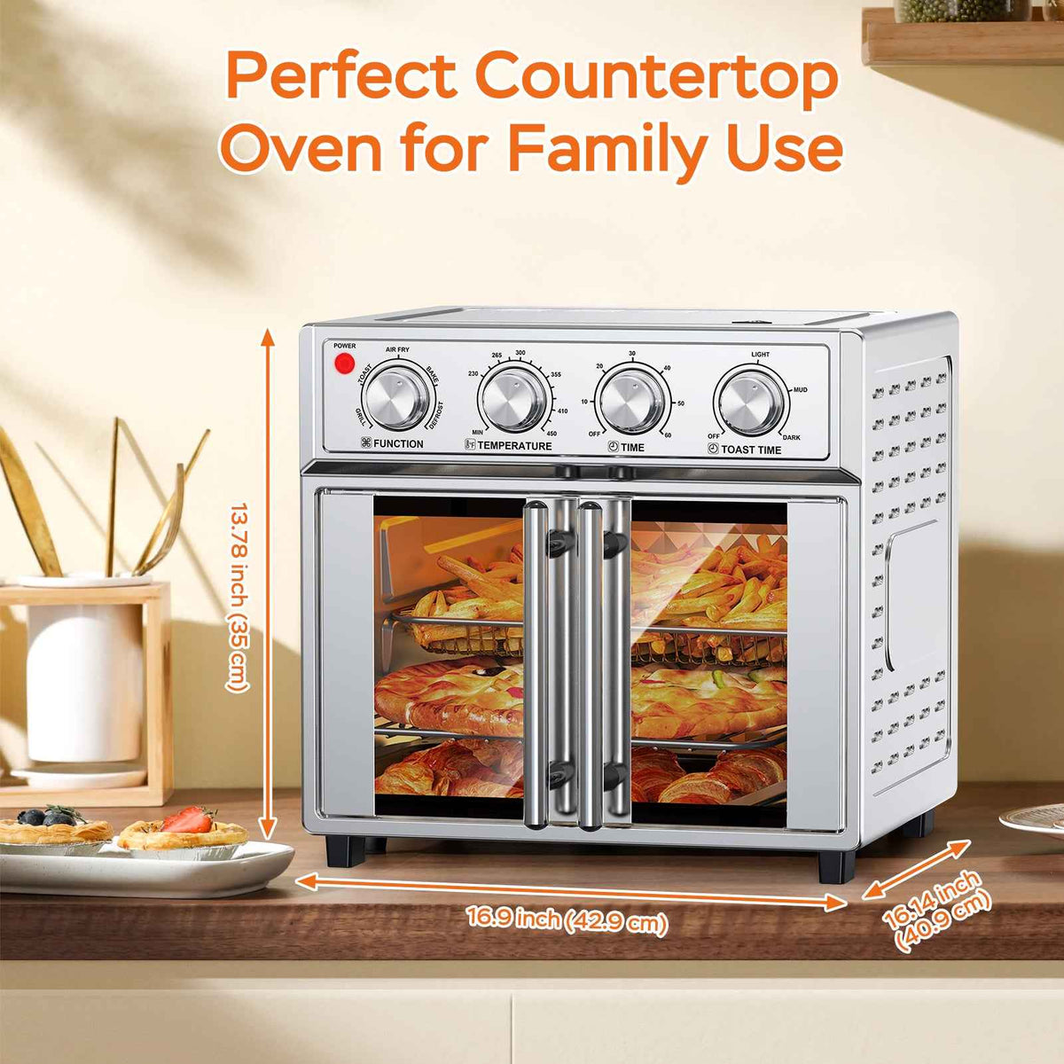 29.5 QT Air Fryer Convection Toaster Oven, French Door, 6 Slices, 1700W, Multifunction Oven, Air Fryer, Toast, Grill, Defrost, Bake, Time And Temperature Controls, Silver, Amazon Resale Prohibited - I Like It I Love It