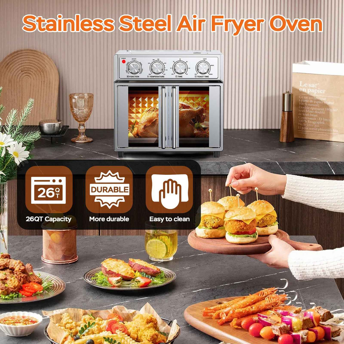 29.5 QT Air Fryer Convection Toaster Oven, French Door, 6 Slices, 1700W, Multifunction Oven, Air Fryer, Toast, Grill, Defrost, Bake, Time And Temperature Controls, Silver, Amazon Resale Prohibited - I Like It I Love It