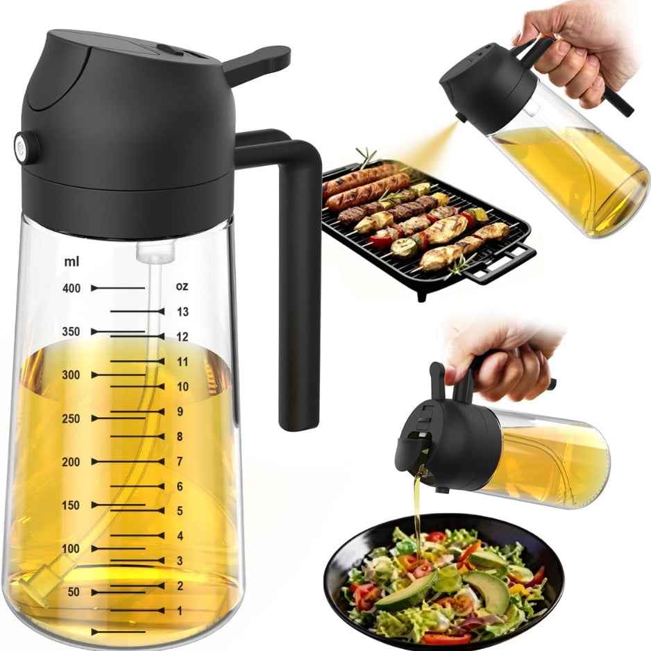 2-in-1 Glass Olive Oil Sprayer &amp; Dispenser 16oz 470ml - Black Cooking Bottle For Air Fryer - I Like It I Love It