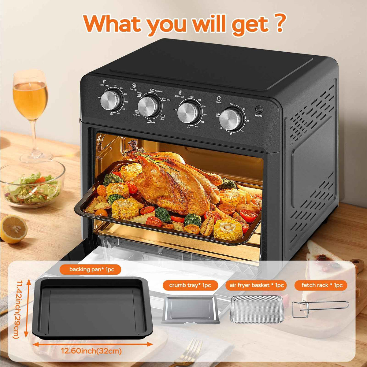 27.5QT 6-in-1 Air Fryer Toaster Oven, Dropdown-Door, 6-Slice, Countertop Convection Oven, Air Frying, Baking, Roasting, Broiling, Grilling, 1600W, Black, Amazon Resale Prohibited - I Like It I Love It