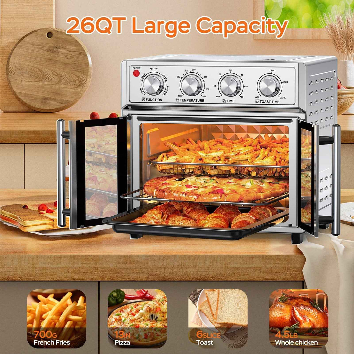 29.5 QT Air Fryer Convection Toaster Oven, French Door, 6 Slices, 1700W, Multifunction Oven, Air Fryer, Toast, Grill, Defrost, Bake, Time And Temperature Controls, Silver, Amazon Resale Prohibited - I Like It I Love It